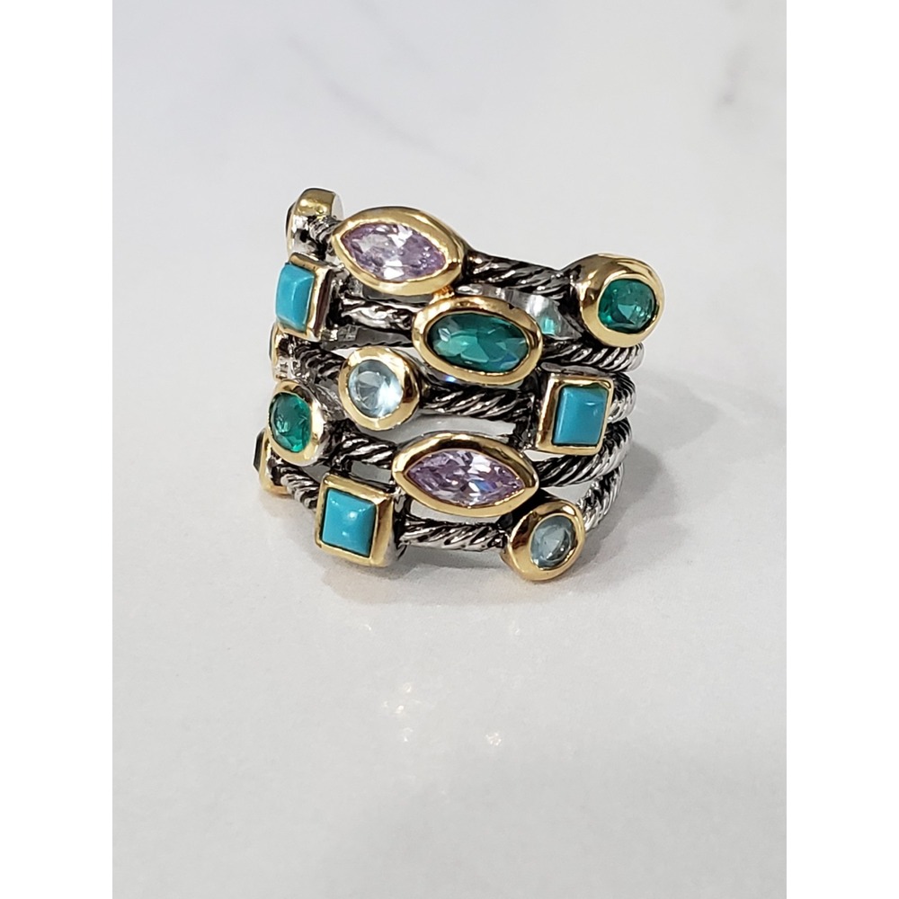 Lauren G. Adams Cocktail Ring Faux Turquoise Confetti Rope stacked layered boho